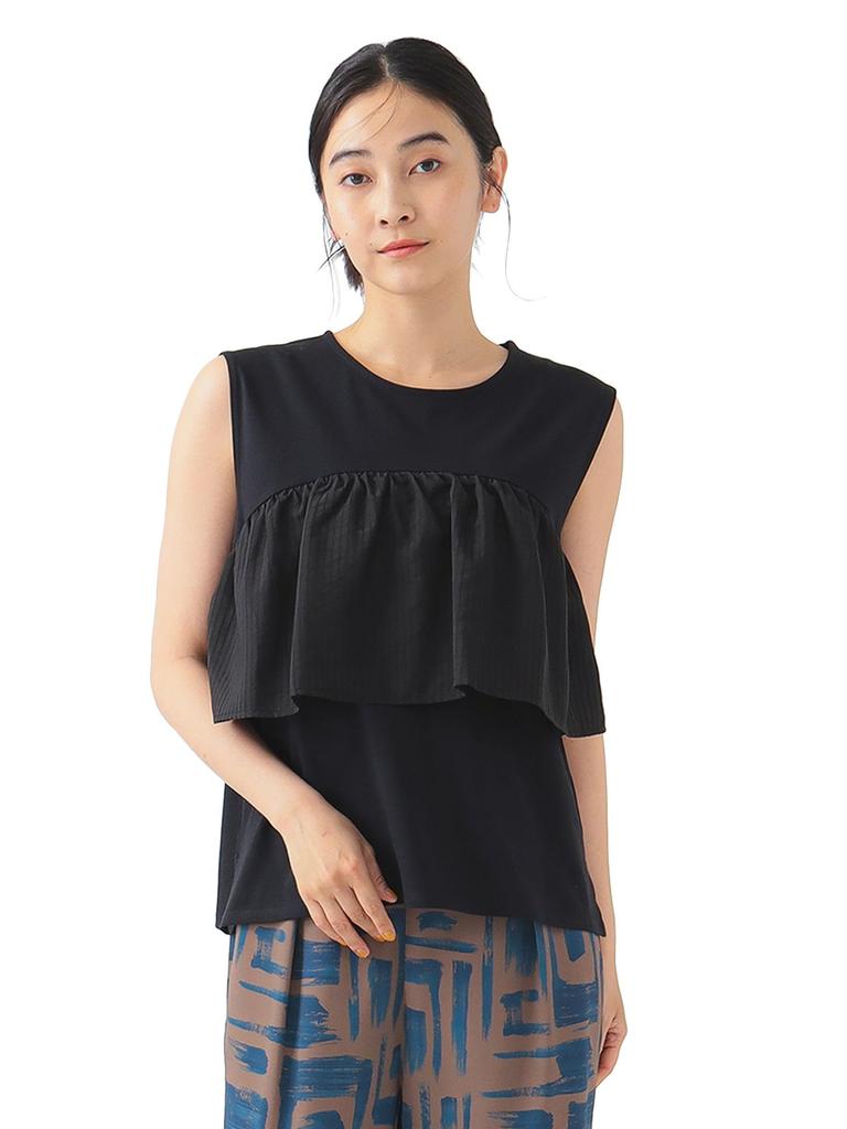 LIFE STORE by BEAMS TEE Mixed Material Ruffle Top Black Free BMING S/S Women's