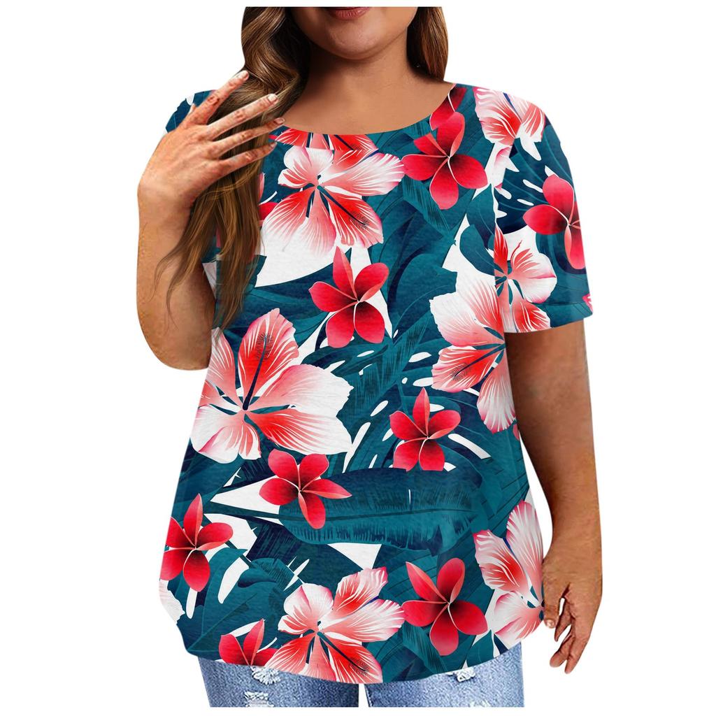 Fashion Short Sleeve Shirt Round Neck Plus Size T-Shirt Flower Printed Casual Tops For Women