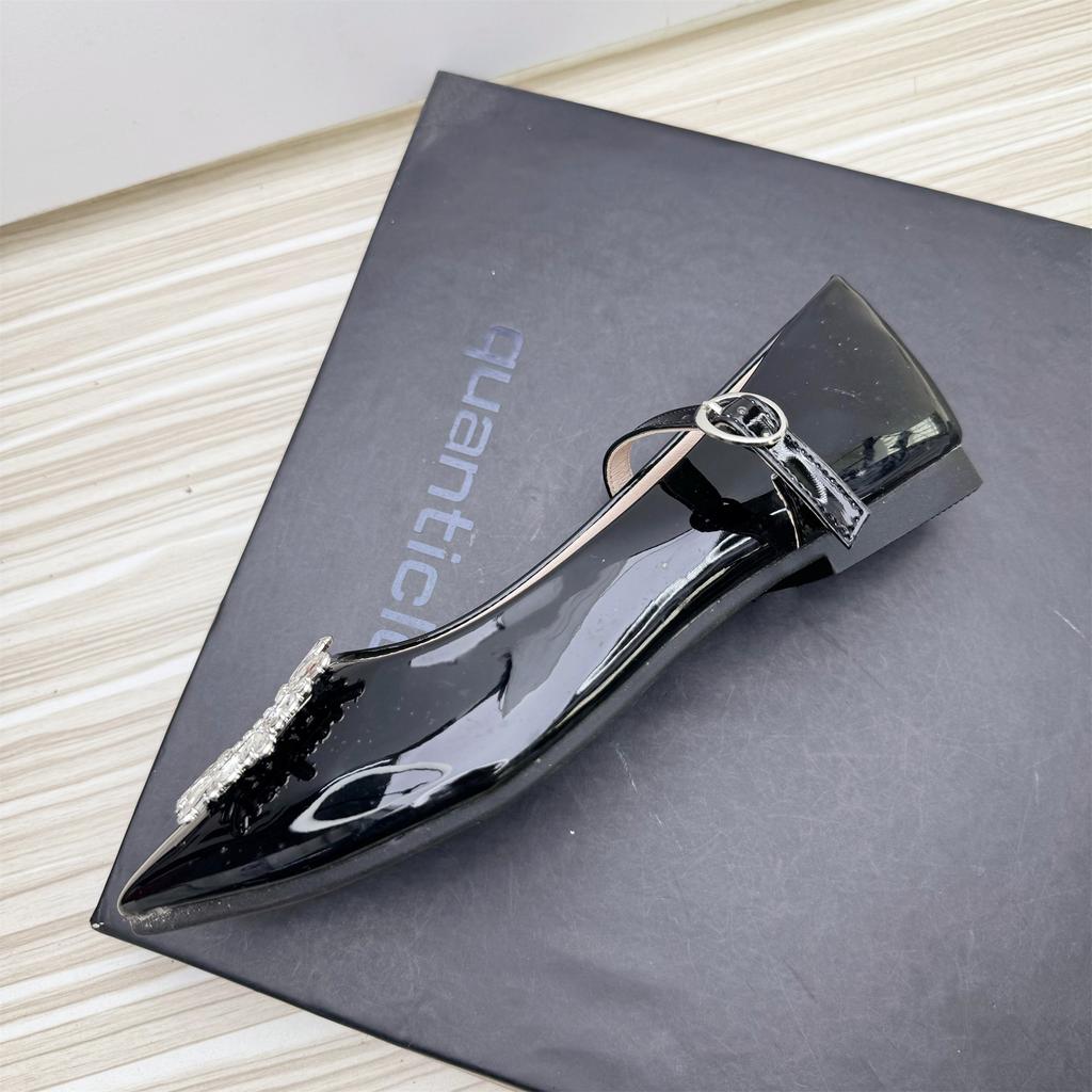 Fashion Flat Shoes for Women 2025 Spring Autumn Mary Jane Shoes Women Pointed Toe Rhinestone Square Buckle Patent Leather Plus Size Shoe