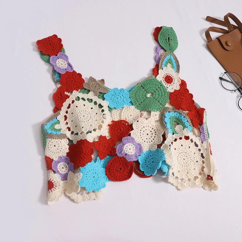 Вышитый цветочный вязаный крючком топ-майка многоцветный ажурный трикотажный укороченный топ-майка женский летний новый наряд Fairycore Cottagecore