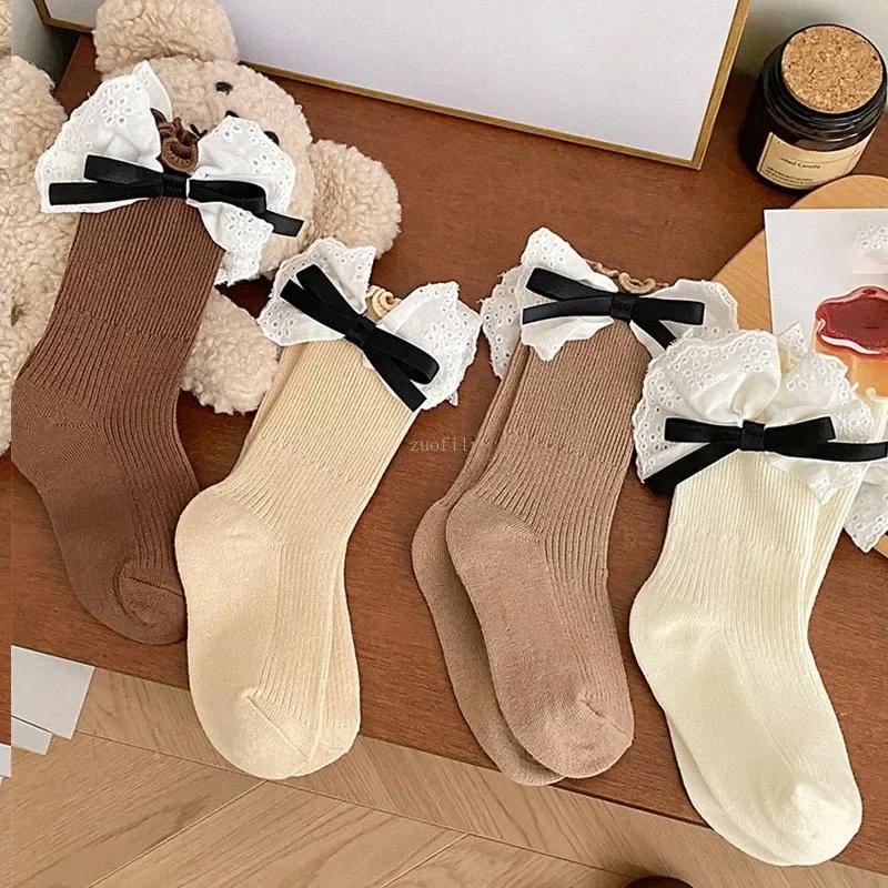 Girl Spring Autumn New Lace Bow Socks Korean Academy Style Student Children Mid Length Socken Baby Princess Kid Cotton Stockings