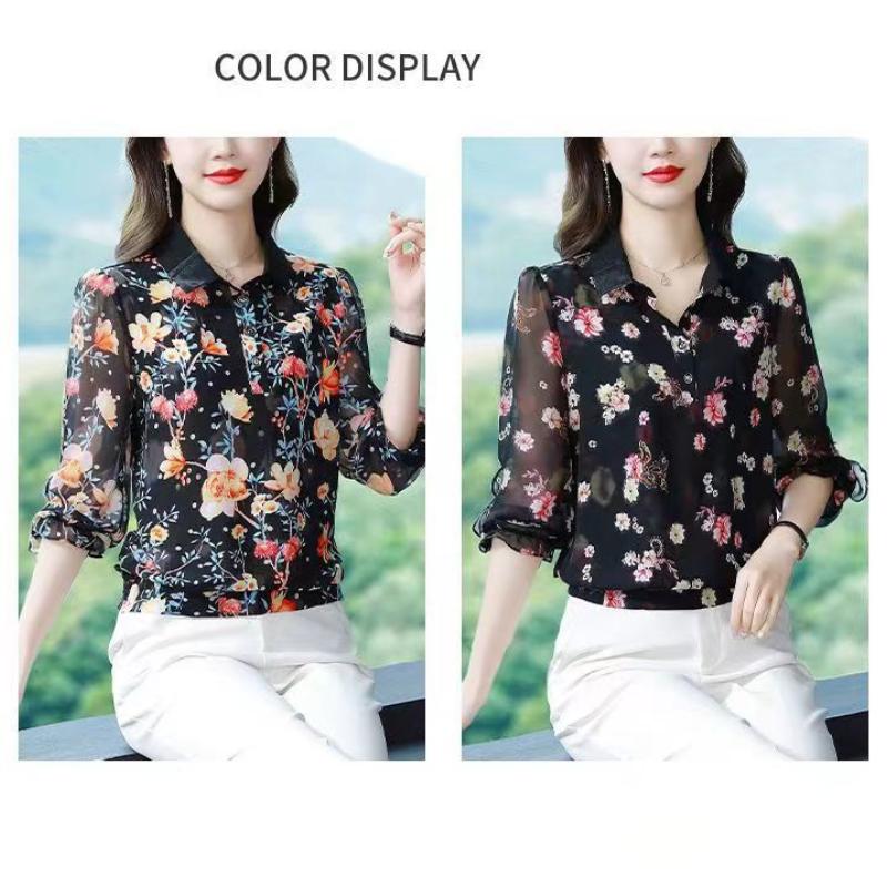 Women's Spring and Autumn Thin Section Plus Size Lapel Printed Chiffon Shirt Loose Thin Nine Minute Sleeve Floral Pullover Shirt
