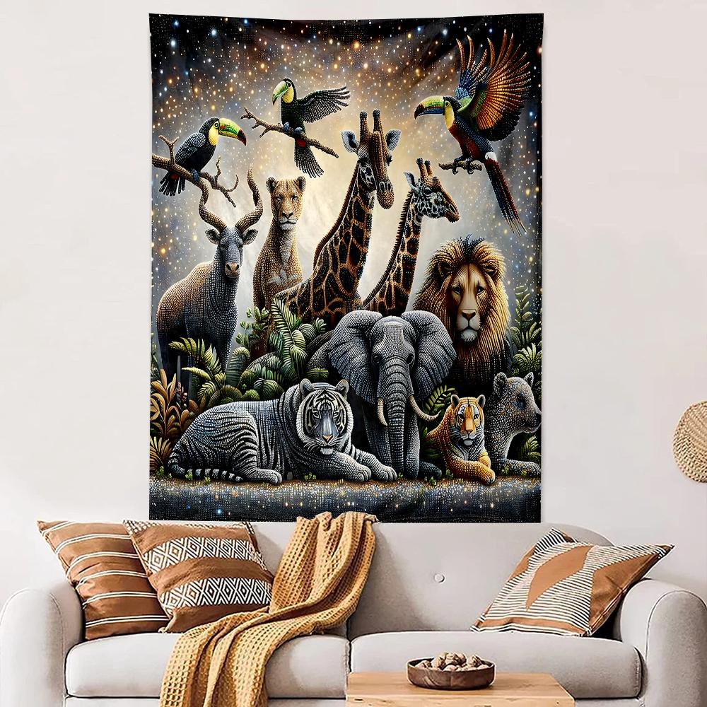 Vertical Tapestry Safari Animals Mosaic Bead Art Giraffe Elephant Lion Wall Hanging Wildlife Gift