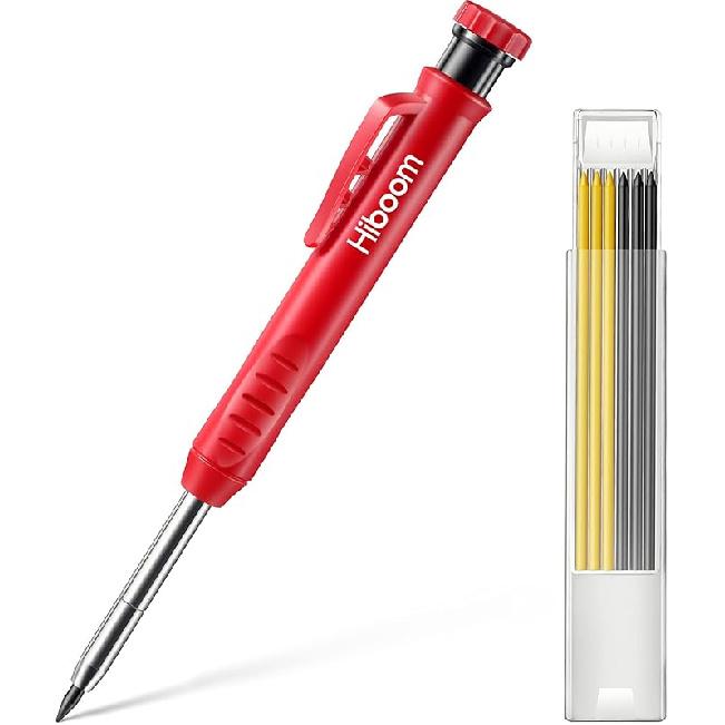 Hiboom Solid Carpenter Pencil Set for Construction with 7 Refills Built-in Sharpener, Long Nosed Deep Hole Mechanical Pencil Marker for Carpenter