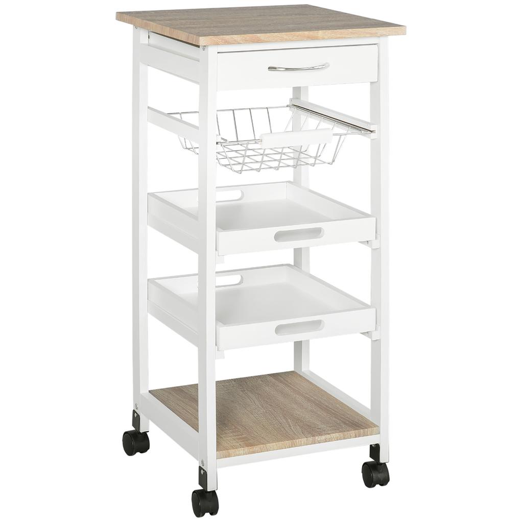 Kitchen Service Cart With Wheels Basket And 2 Removable Trays Drawer White Pine Wood