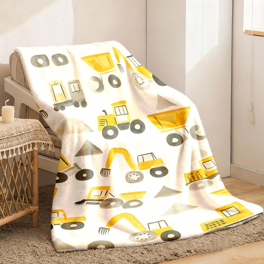YUZHIYU Cozy Construction-Themed Flannel Blanket - Soft And Warm Excavator And Bulldozer Print Ideal for Naps Camping Travel Offic