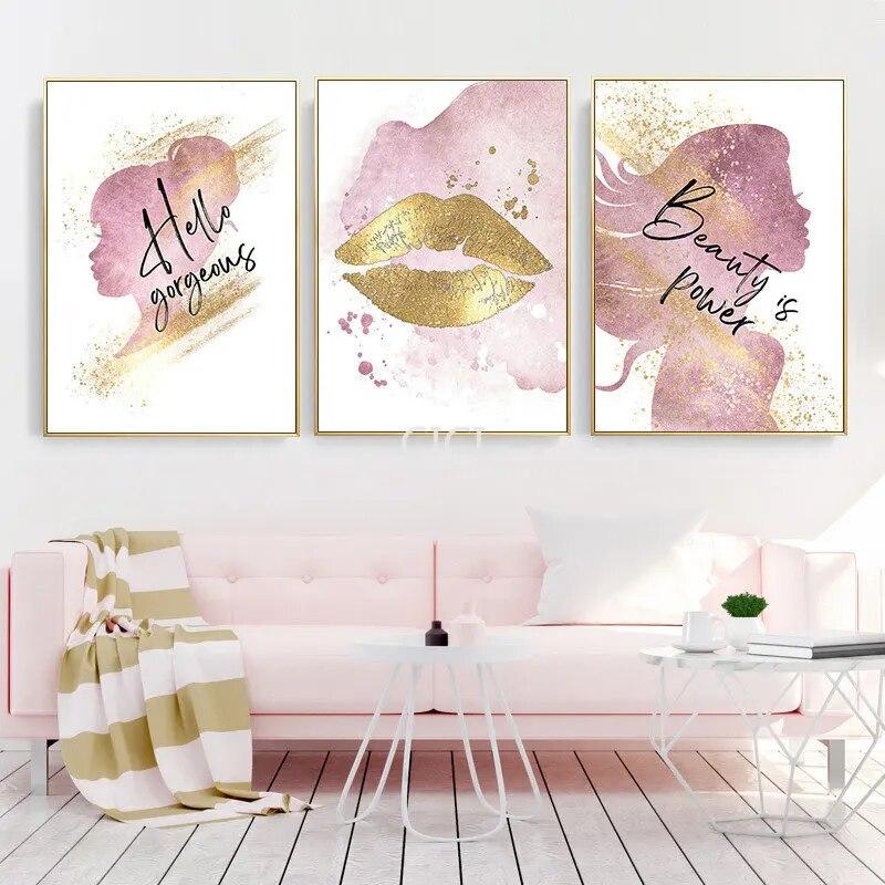 Губная помада, тушь для ресниц, модные золотые губы, макияж, постер, холст, картина, настенная живопись, украшение для салона красоты, комната для девочки, домашний декор, изображение