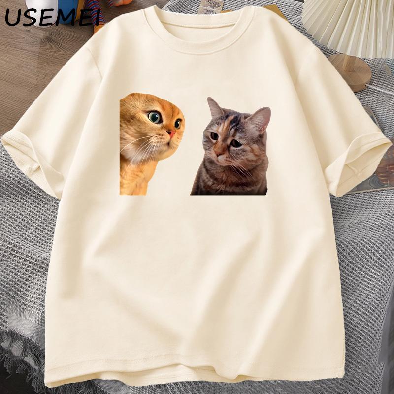Sad Cat Mewing T-shirt Funny Two Cats Talking Meme Grpahic T Shirts Women Men's Cotton T-shirt Summer Short Sleeves Tees
