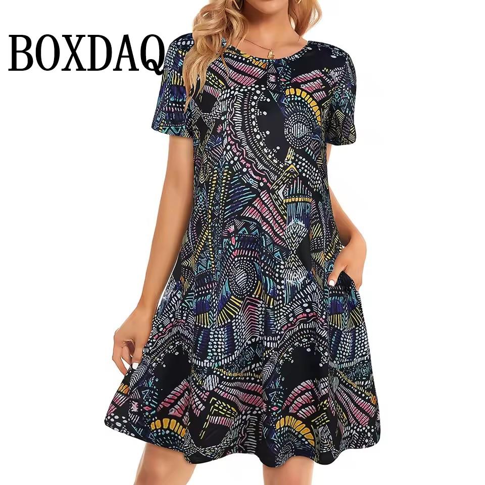 Новые летние женские платья 2025 года с 3D-принтом в винтажном стиле с коротким рукавом и свободными карманами для женщин больших размеров для отдыха на пляже