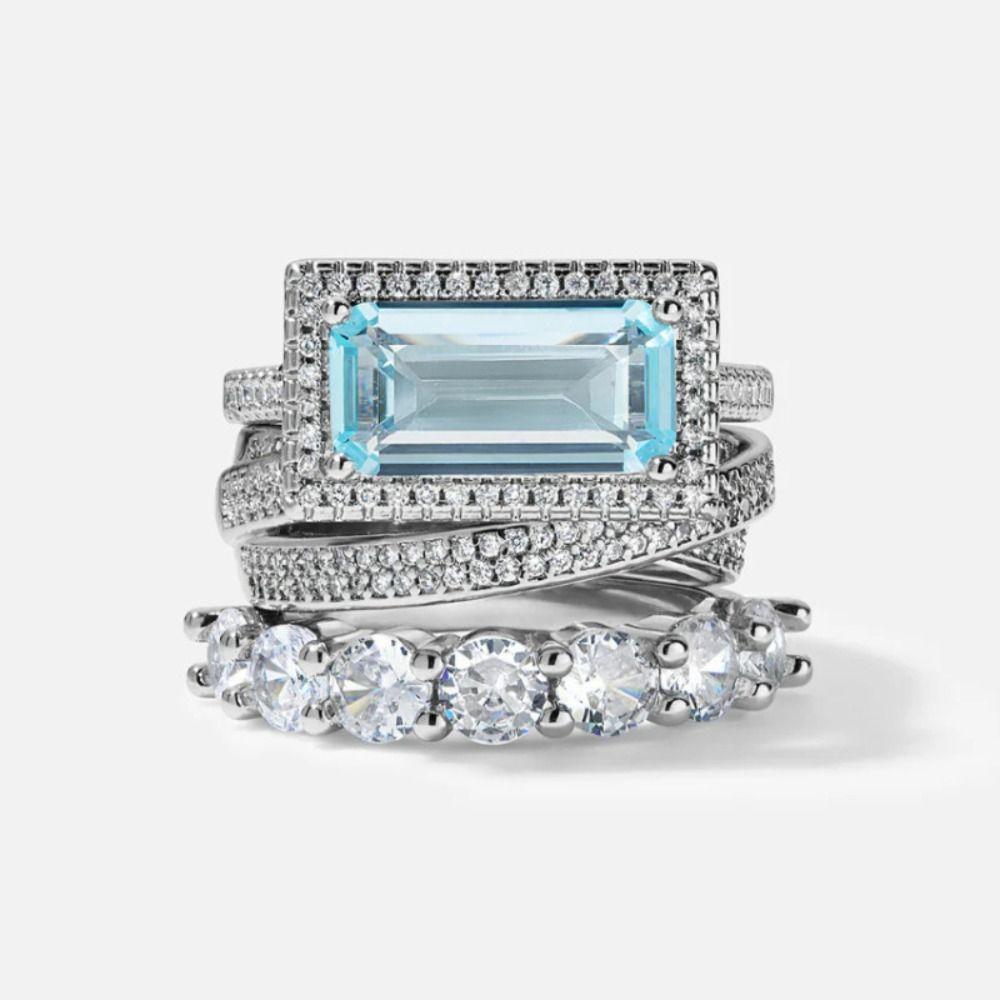 European Style Stackable Ring Set Large Rectangular Stone Jewelry Gift Wedding Occasion