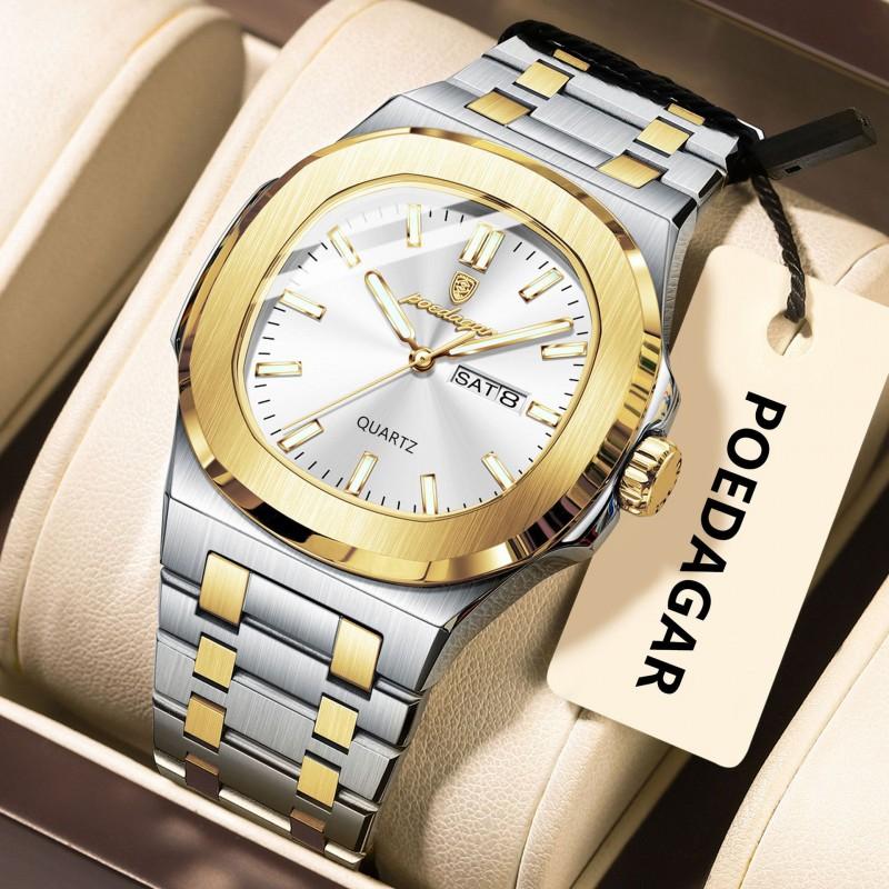 Swiss Style Square Quartz Mens Watch With Luminous Hands 50M Waterproof Stainless Steel Band