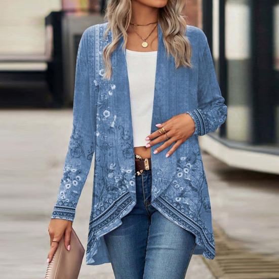 Женское осенне-весеннее пальто Vinage с цветочным принтом и открытой строчкой с длинным рукавом, неровный подол, свободная шаль в этническом стиле, женская куртка-кардиган средней длины, шаль