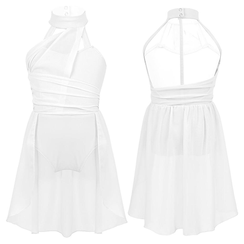 Детское гимнастическое танцевальное платье без рукавов для девочек, шифоновый лиф с рюшами, купальник, танцевальная одежда, костюм