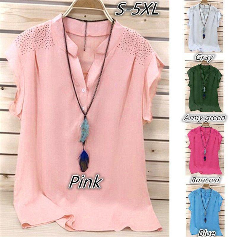 Elegant Womens Summer Button V Neck Short Sleeve T Shirt For Plus Size Ladies