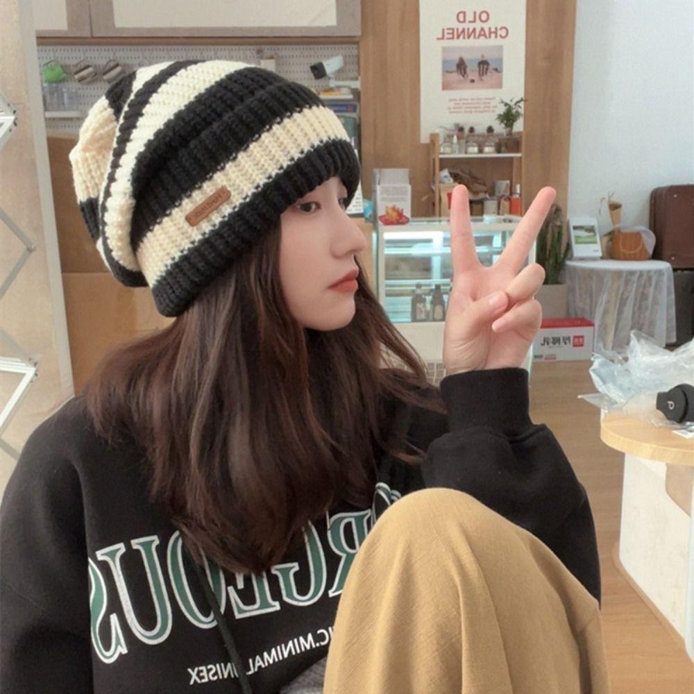 Thick Striped Beanie Hats Korean Warm Bucket Cap Fashion Striped Knitted Hat Unisex