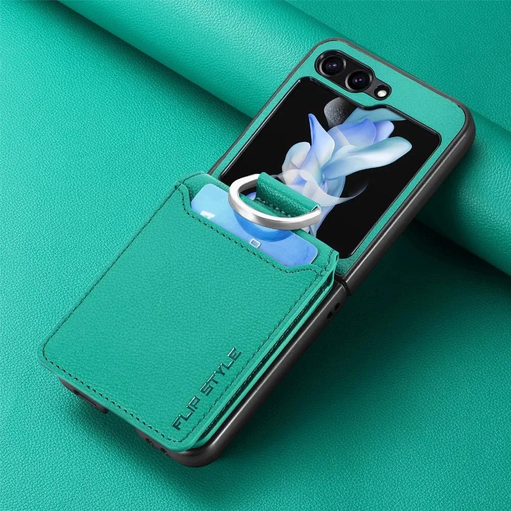 ПУ кожа для Samsung Z Flip 6 5 4 3 2 Flip6 Flip5 Flip4 Flip3 Flip2 5G Чехол с рисунком личи Кольцо Держатель для карт Кошелек Чехол для телефона