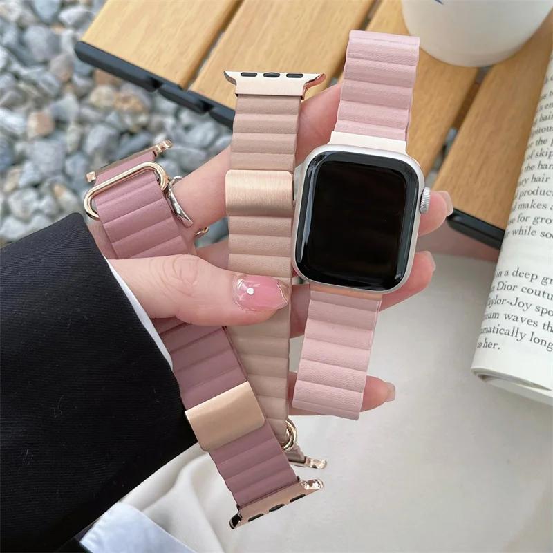 Магнитный кожаный ремешок для Apple Watch 44 45 49 мм 40 41 мм 42 38 мм 46 мм Металлический ремешок из нержавеющей стали для iwatch 8 7 SE 6 5 4 3 2 S10
