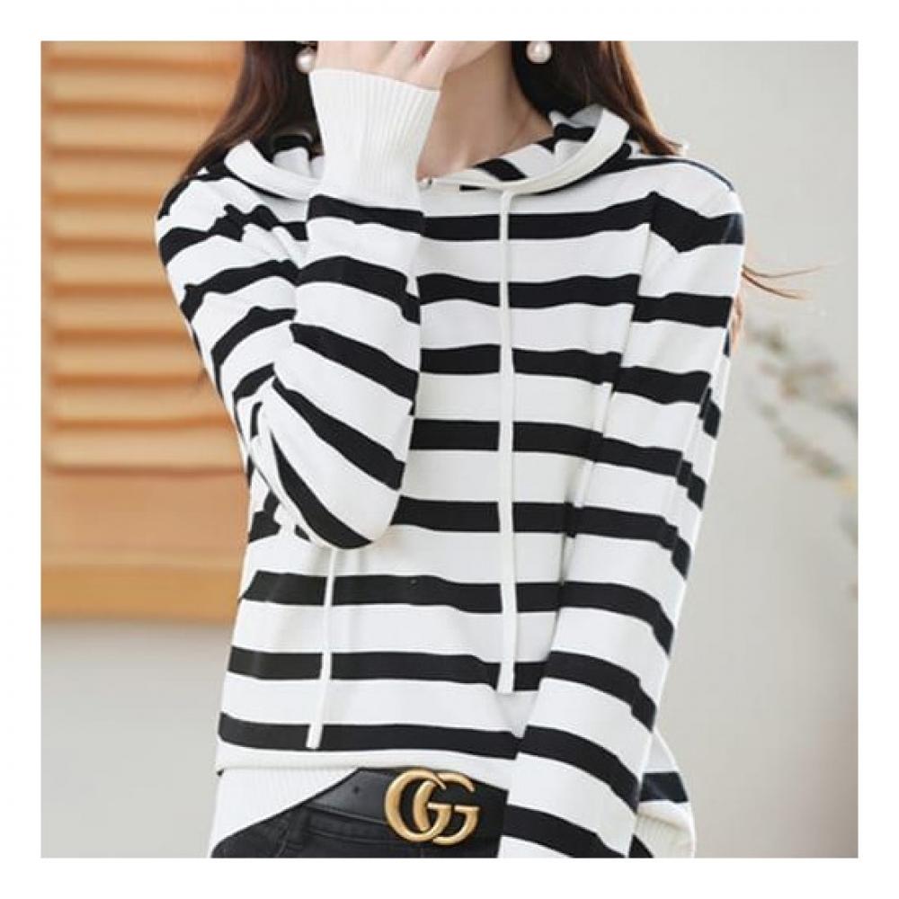 Navava Casual Stripe Long Sleeve Hooded Knit Nk1937