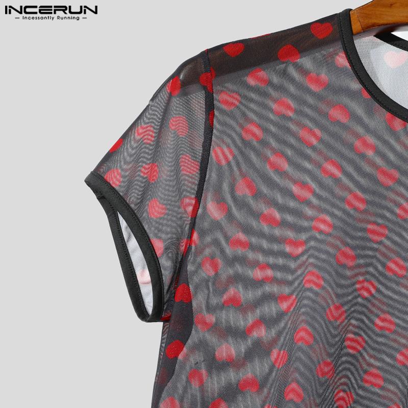 INCERUN Men Short Sleeve Mesh Sheer Print Party Club T-shirts Tee