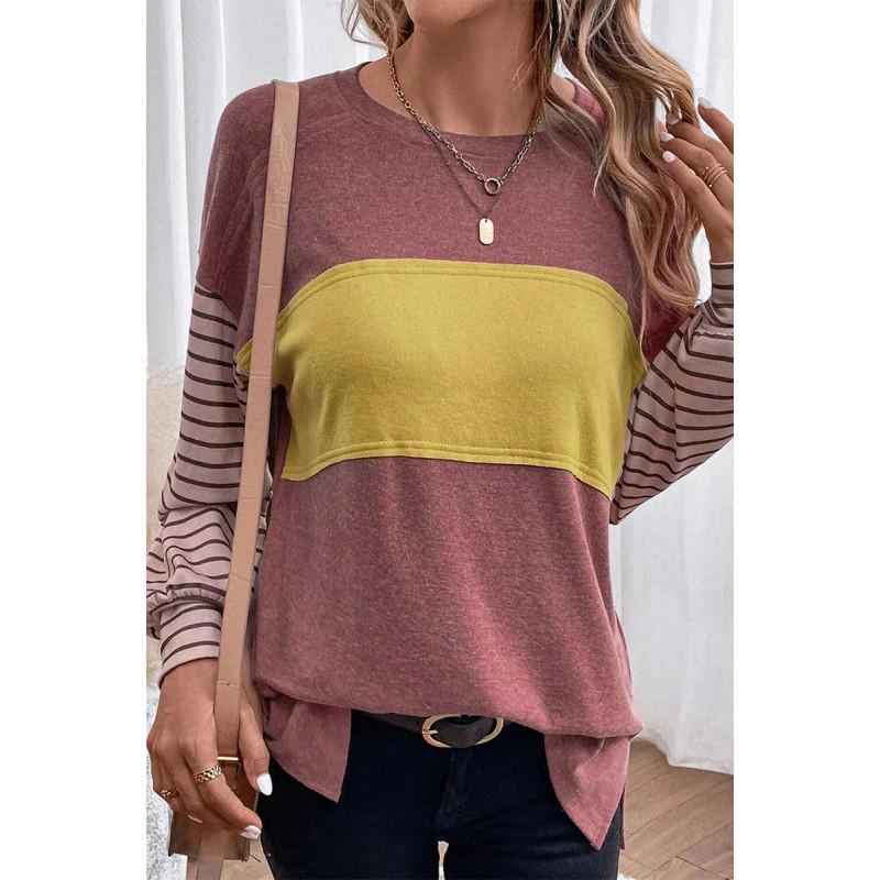 Polyester Striped Casual Long Sleeve T Shirt For Women With Color Block Design For Spring