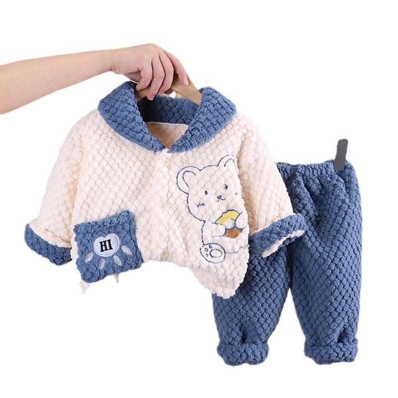 Winter Boys' Bear Pajama Set: Double-Layer Plush Fleece Homewear
