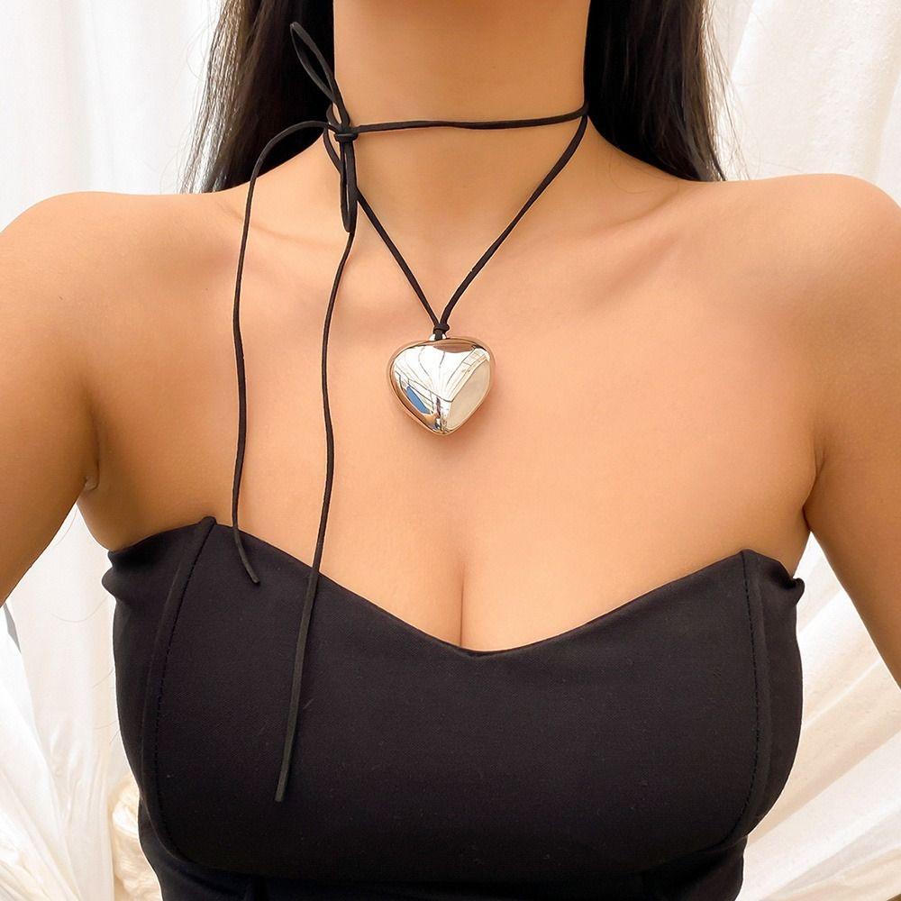 Gift Simple Wax Thread Necklace Heart Pendant Heart Shaped Necklace Neck Jewelry