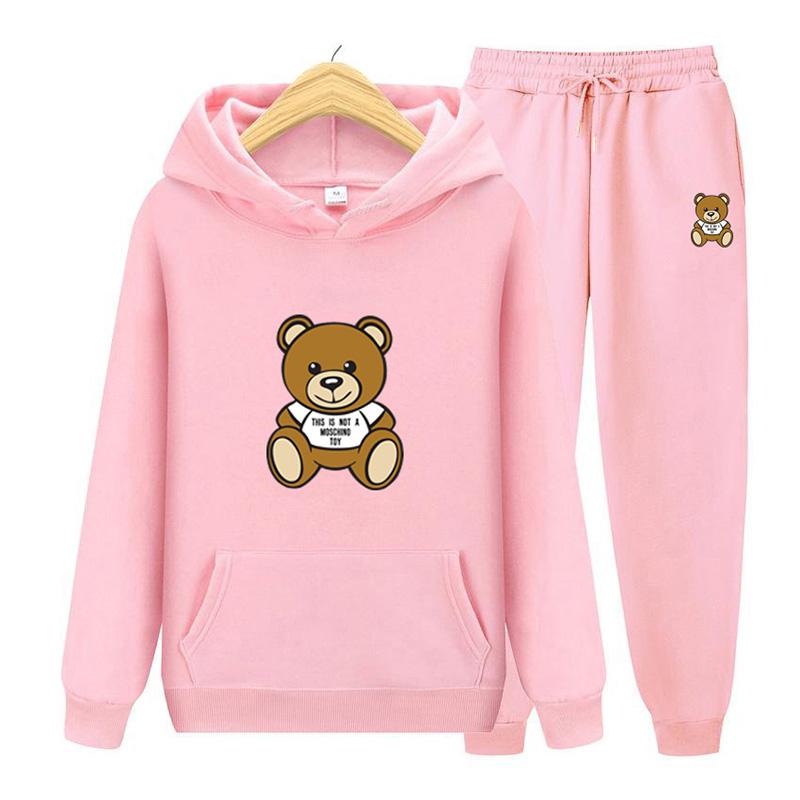 Новые осенне-зимние толстовки с принтом «Маленький медвежонок» + брюки для мужчин и женщин, повседневные толстовки с капюшоном, спортивная одежда, мужской флисовый костюм с капюшоном