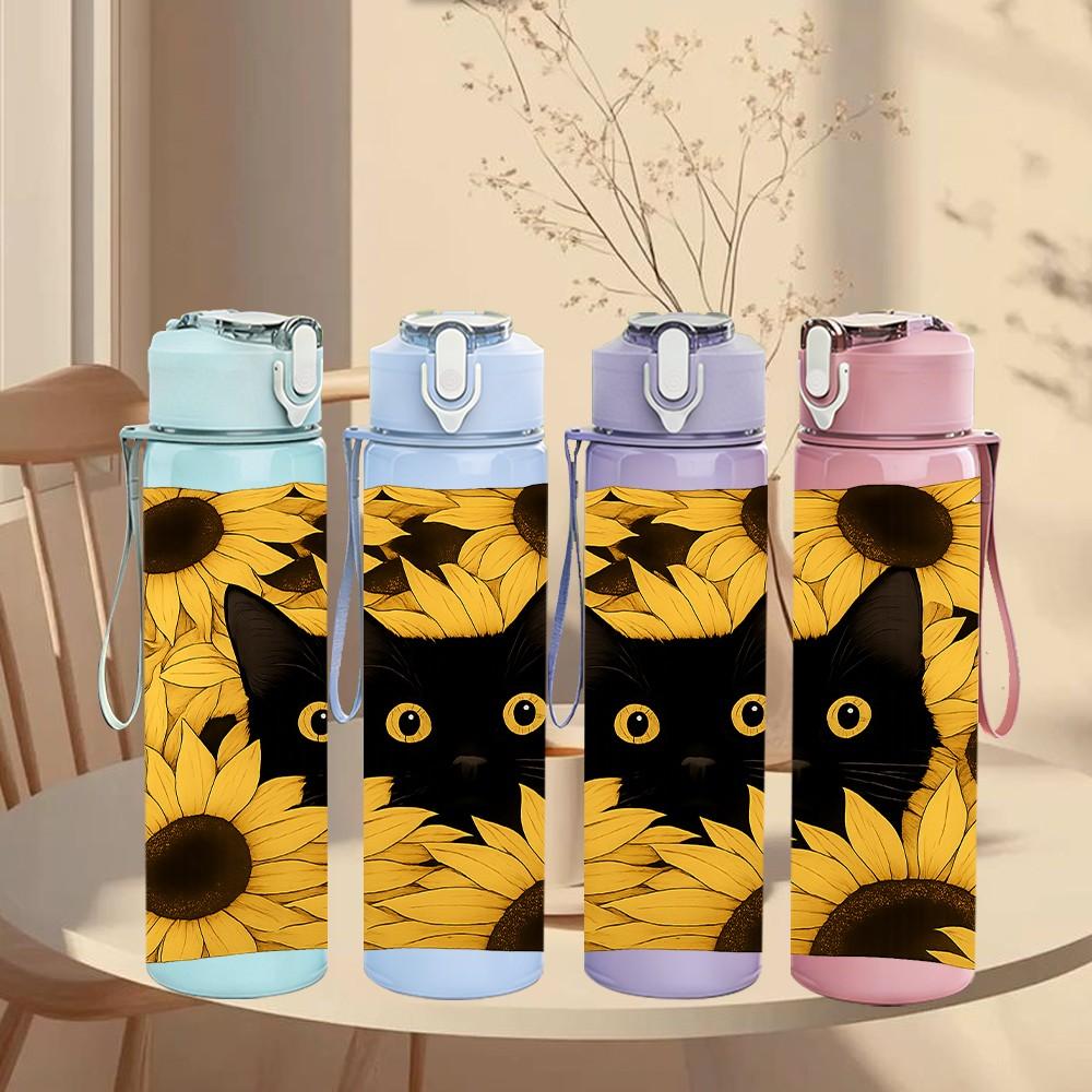 1PC Black Cat Sunflower Pattern Print 750ml Color Plastic Sports Water Bottle Leakproof Flip Straw Lid Suitable for Sports Office Home Use