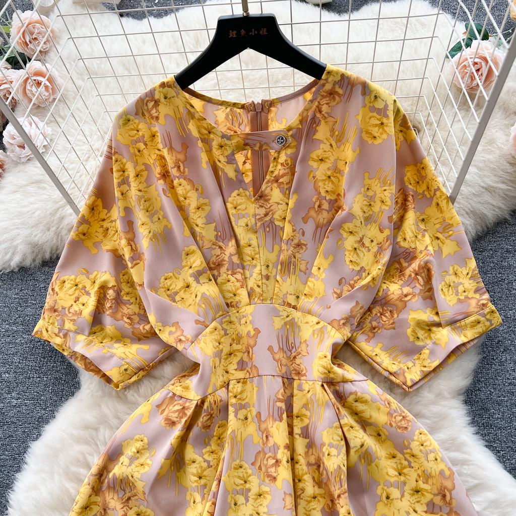 Платье с пышными рукавами и цветочным принтом на талии, женское летнее облегающее пляжное платье в стиле супер феи в курортном стиле