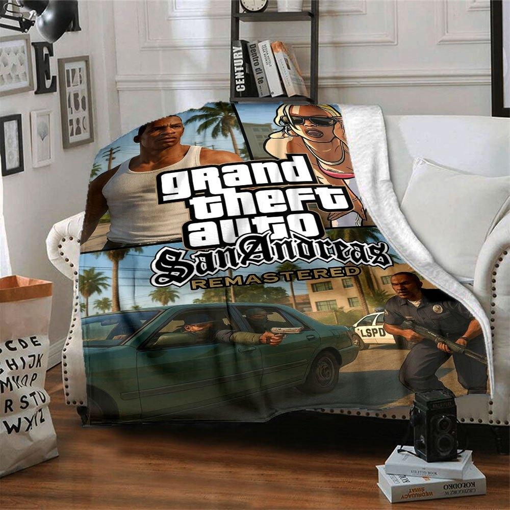 1 шт. Мягкое фланелевое одеяло Grand Theft Auto с дизайнерским принтом. Уютное одеяло для всех сезонов, идеально подходит для дивана, кровати, офиса