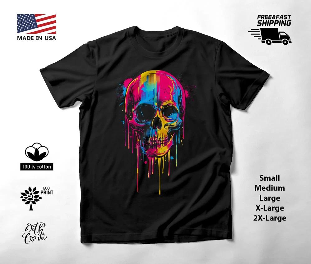 Colorful Skull Neon Graphic T-Shirt Black Unisex S-2XL