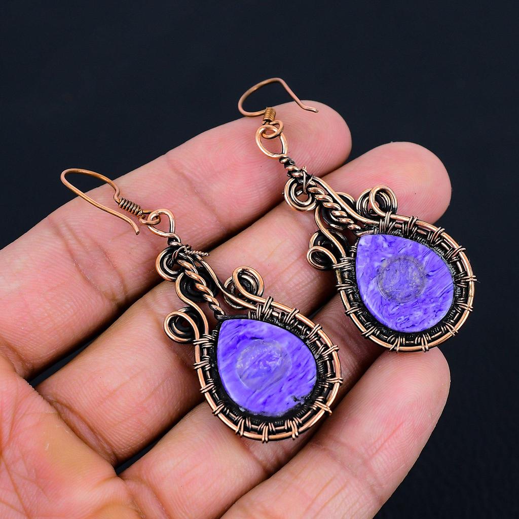 Wonderful Charoite Gemstone Handmade Pure Copper Wire Wrapped Earrings Jewelry