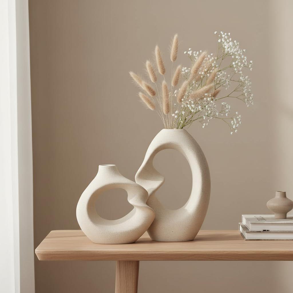 PUREZENTO Unique White Ceramic Donut Vase 8.5 & 5.7 Inch - Set of 2 | Decorative Donut Vase