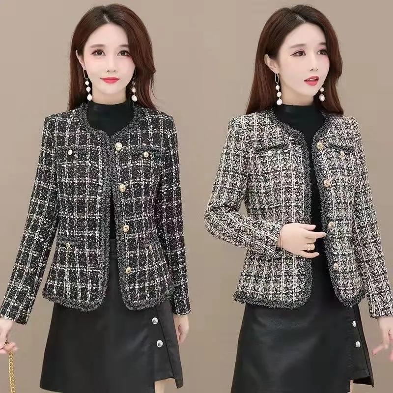 Винтажные однобортные клетчатые куртки с v-образным вырезом, женские весенне-осенние твидовые верхняя одежда больших размеров, корейская мода, повседневное пальто, уличная одежда