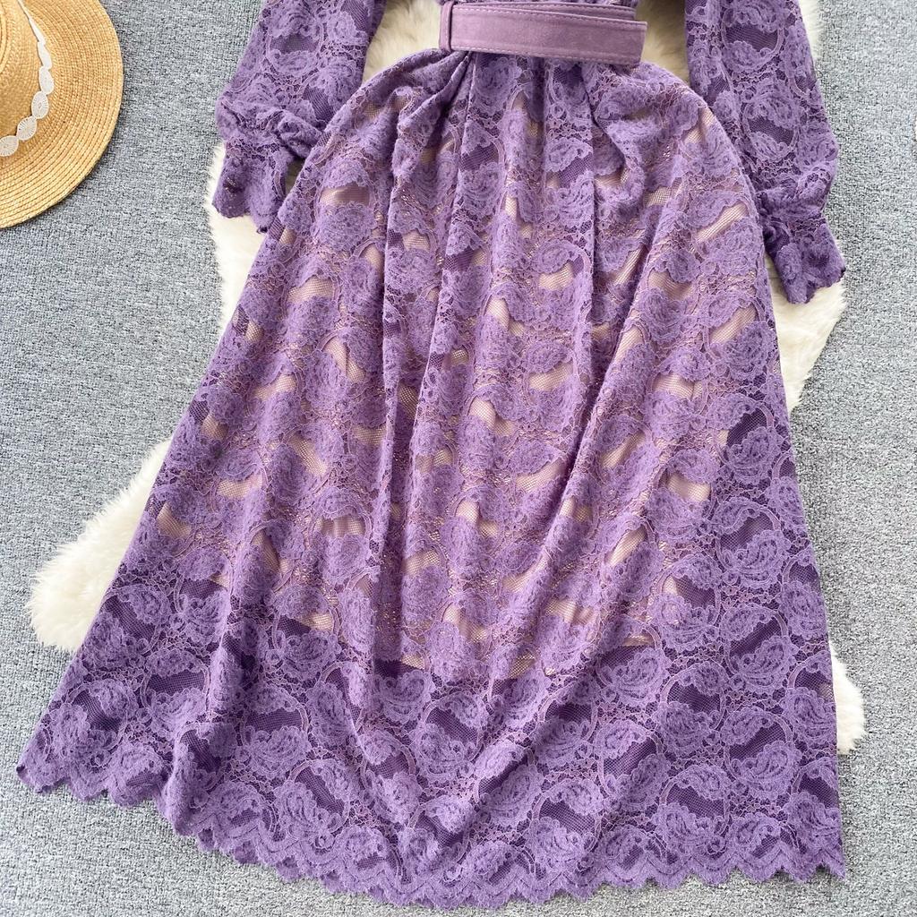 Новые женские фиолетовые кружевные рождественские вечерние платья с v-образным вырезом, винтажное платье до середины икры с длинным рукавом и поясом