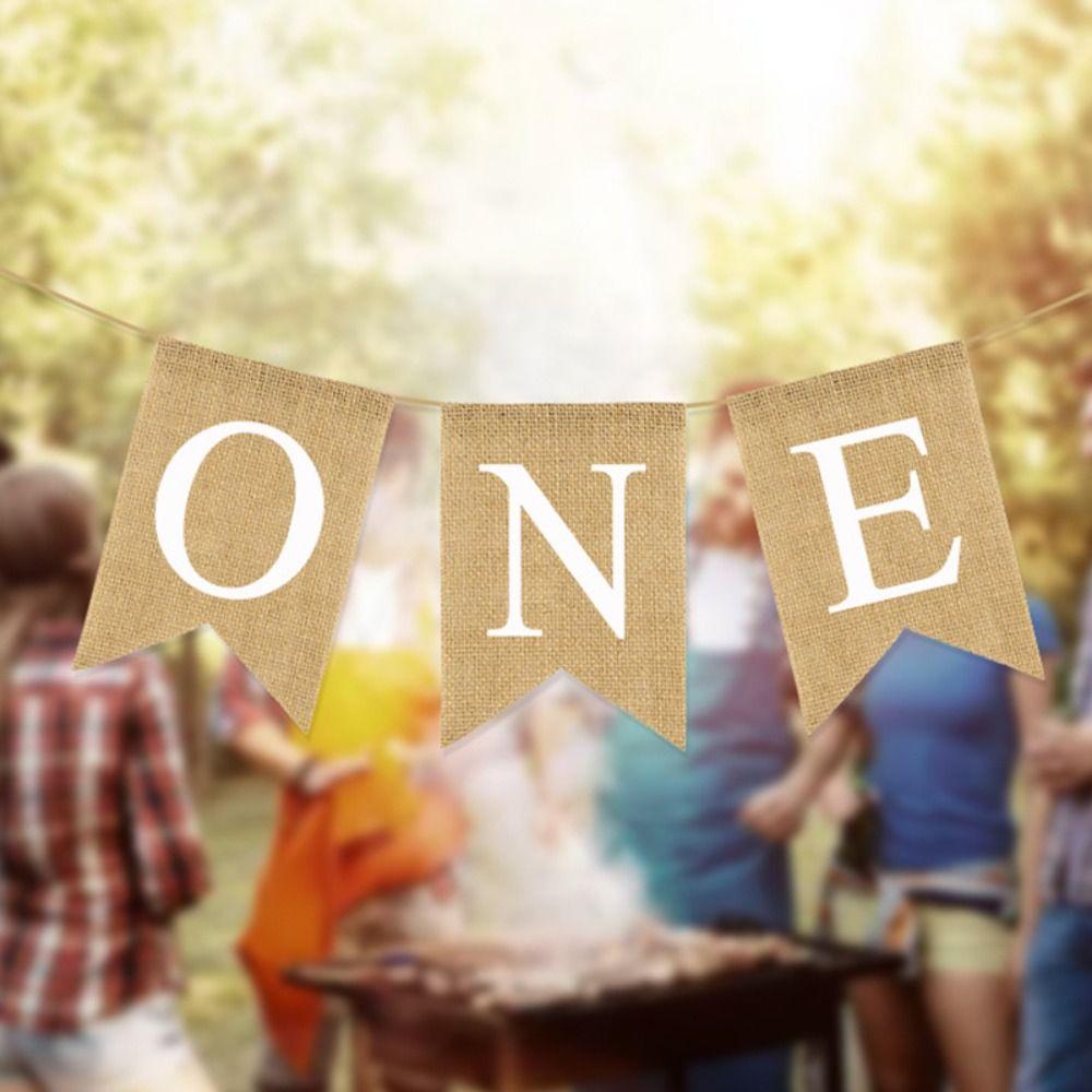 Festive Burlap ONE Garland Paper Baby First Party Decoration Chair Flag Banner Baby First Birthday