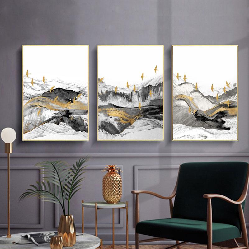 Скандинавский абстрактный художественный пейзаж, серый, золотой, комбинированная картина, настенная художественная картина, холст, печать плакатов для украшения гостиной