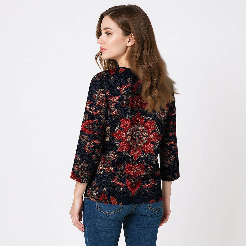 Женские рубашки с рукавом 3/4, топы с принтом и V-образным вырезом, повседневные топы, базовые футболки, блузки, свободные топы