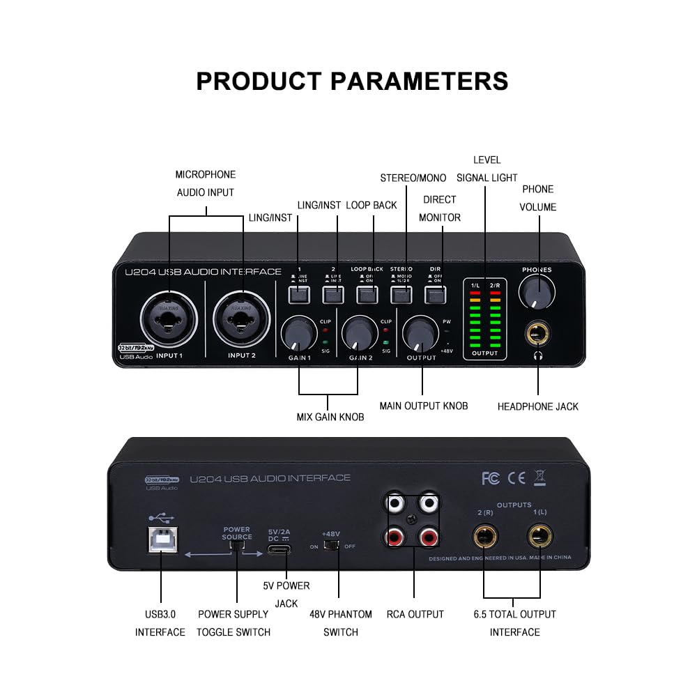 BOMGE U204 USB Аудиоинтерфейс для ПК Компьютера Записи Музыки, 2x2 Гитарный Аудиоинтерфейс для Mac, 32-бит/192 кГц, Стриминга Подкастов, Вокалиста/Продюсера