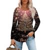 Women's Casual Top Christmas Printed Round Neck Long Sleeved Pleated T-shirt