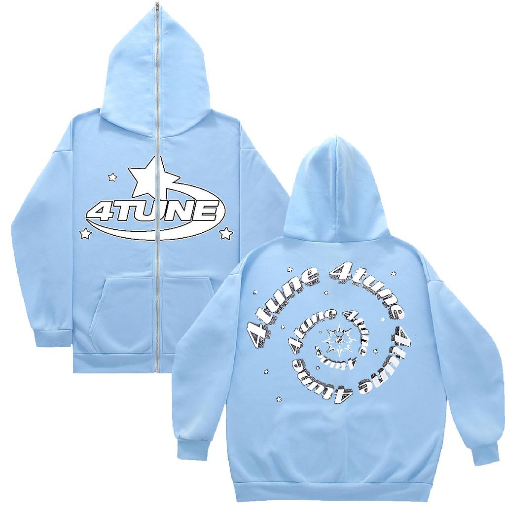 American street 4tune printed cardigan sweater, long-sleeved oversized hip-hop zipper jacket y2k sweater clothing
