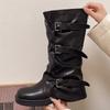 Кожаные женские высокие сапоги, дизайнерские туфли на среднем каблуке, ботинки для мотоциклистов средней длины, зимние 2024 года, тренд, новинка, готические ботинки Mujer