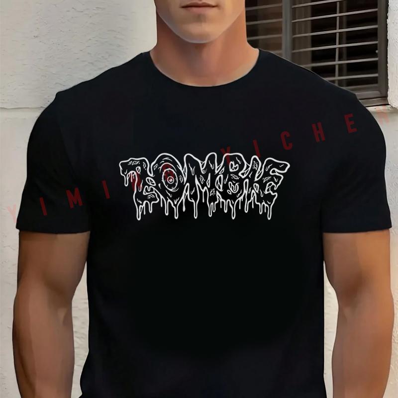 Zombie Eye Melting Font Lettering Design Motorcycle Cotton T-shirt Short Sleeve Casual Basic O-Neck Breathable Unisex Tops