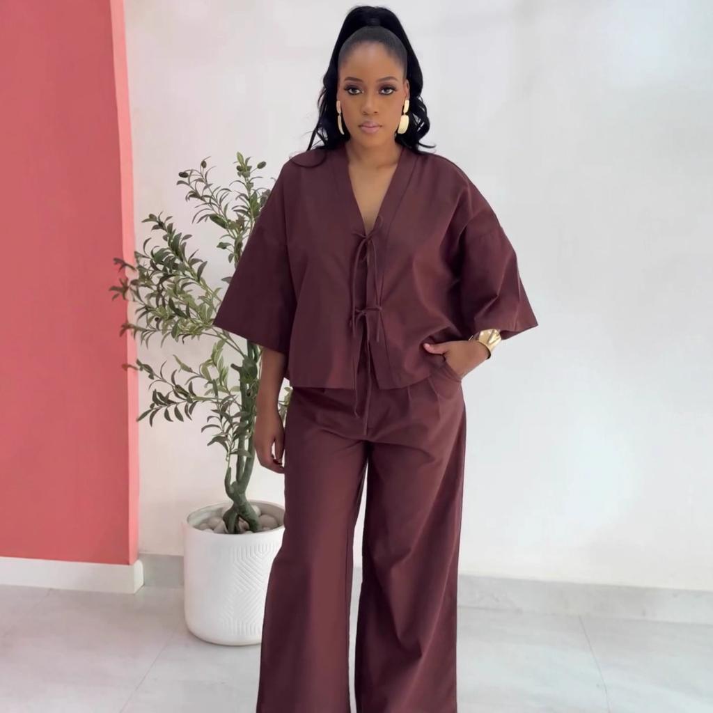 European and American women's clothing fashion casual loose lace-up top wide-leg trousers women's African foreign style large size new suit