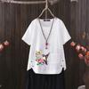 2025 Summer Women's Bird Print V-neck Cotton Hemp T-shirt - Trendy & Comfortable