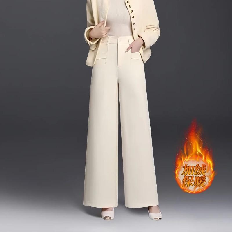 Женские черные брюки с высокой талией и широкими штанинами, на флисовой подкладке, теплые, повседневные