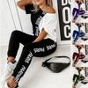Women Letter Print Colorblock Tracksuit Off Shoulder Tops+ Leggings Sport Suit Sportwear Two Piece Sets Outfit