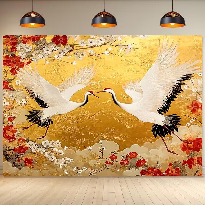 2D Golden Red-crowned Crane Plum Floral Backdrop Oriental Style Photo Background Cloth