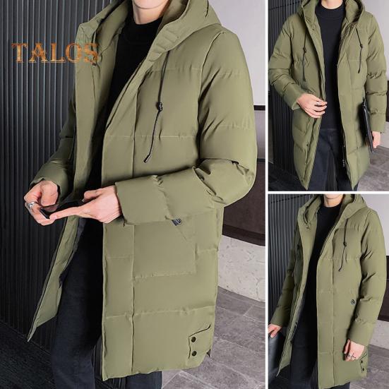 Men Cotton Coat Hooded Drawstring Long Sleeve Full Zipper Closure Cotton Jacket with Side Pockets Solid Color Mid-length Winter Outwear