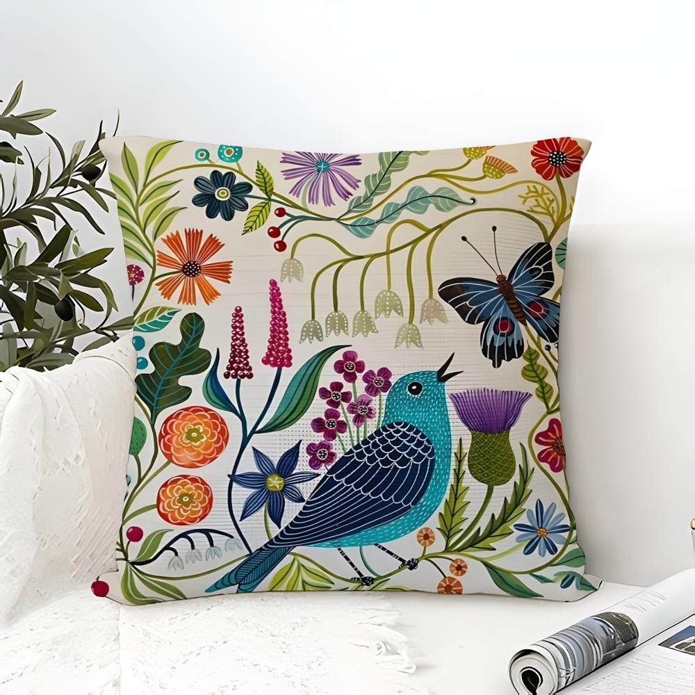 Butterfly Bird And Flower Print Pillow Case Cotton Linen Fabric Square Zipper Pillowcase Home Decorative Living Room